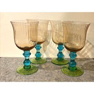 Set of 4 Handblown Tri-Colored Water/Iced Tea Goblets Anthropologie Fluted  # 30